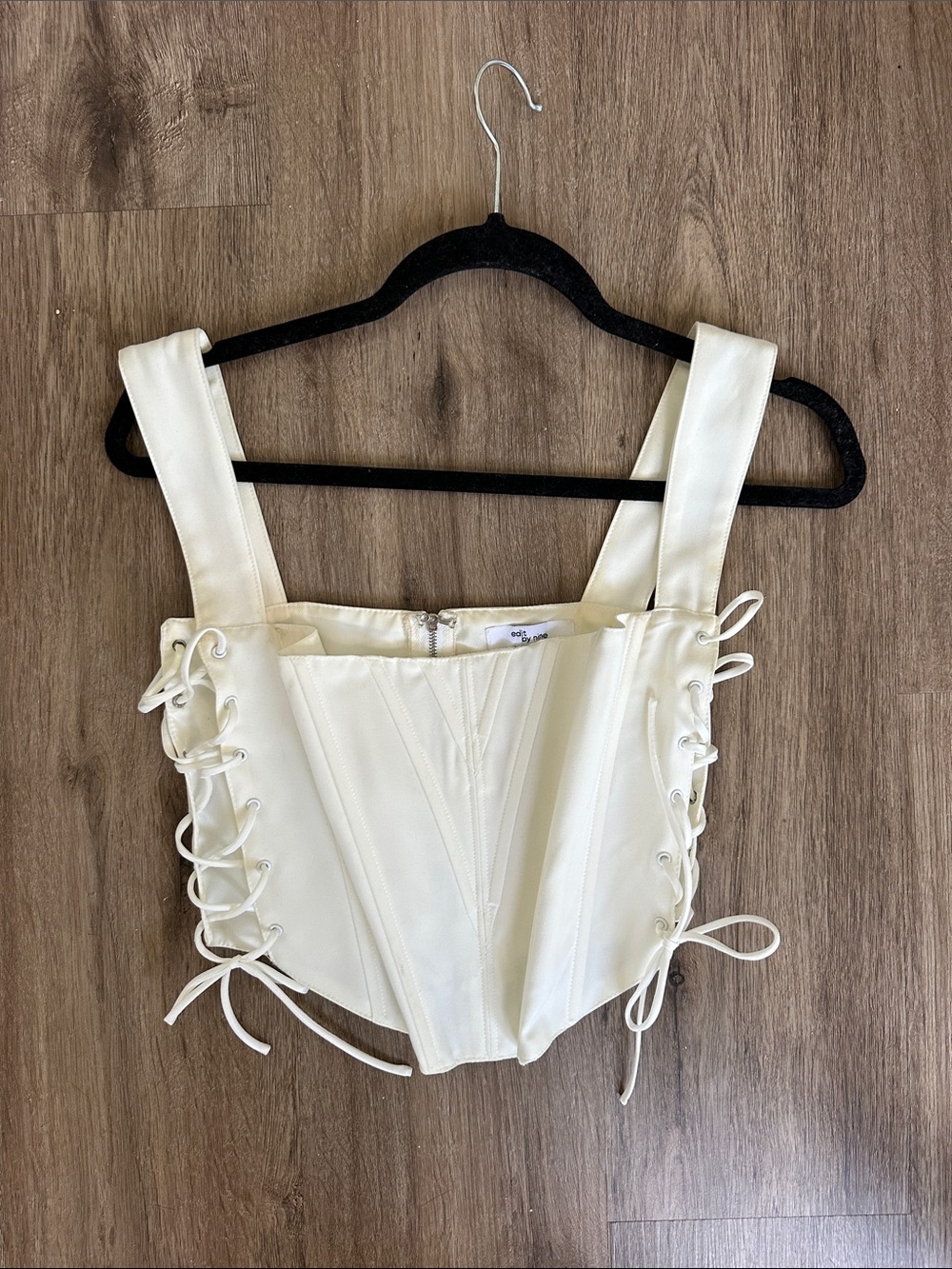 Cream Lace-Up Corset Crop Top with Wide Straps